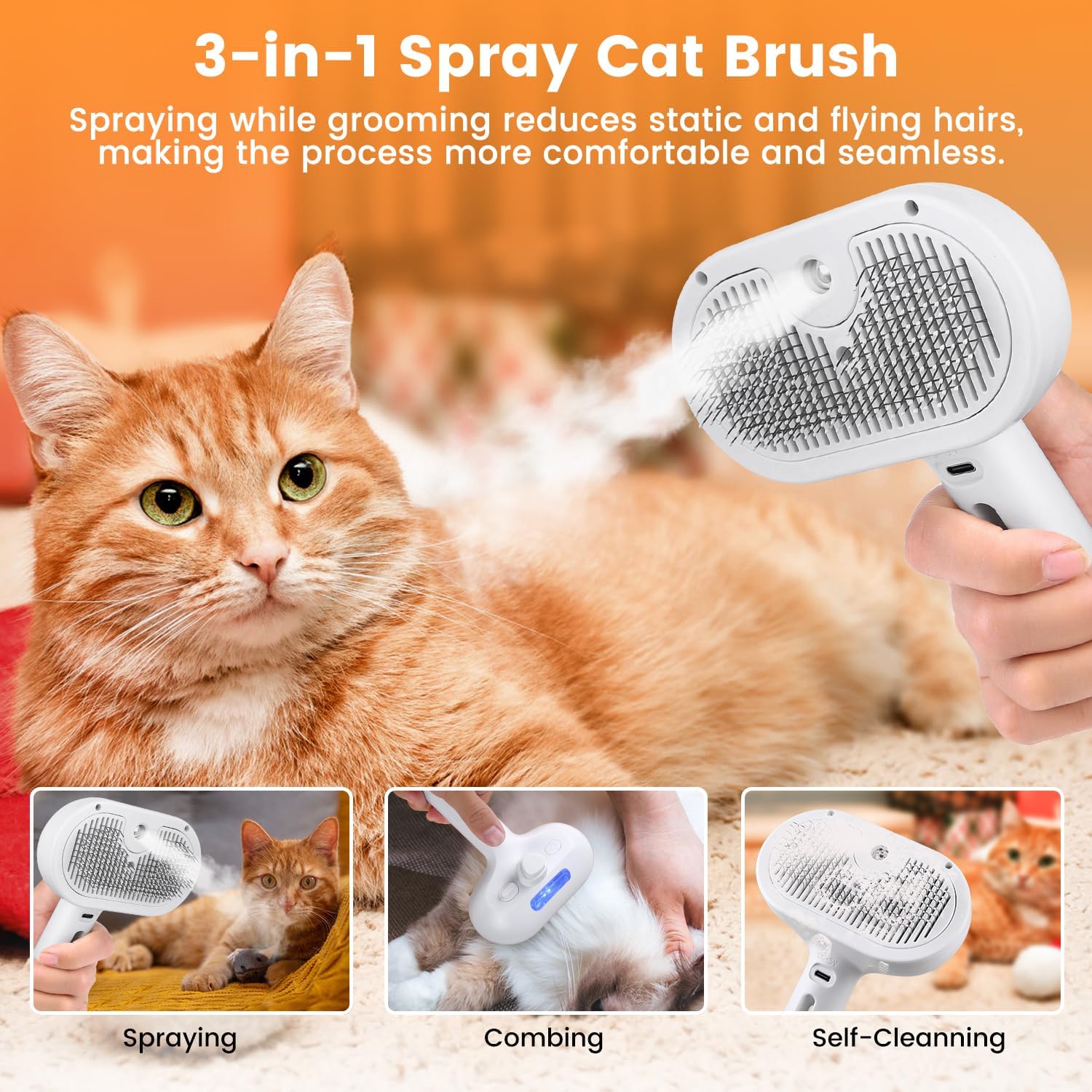 3-in-1 Pet Steam Brush for Cats & Dogs