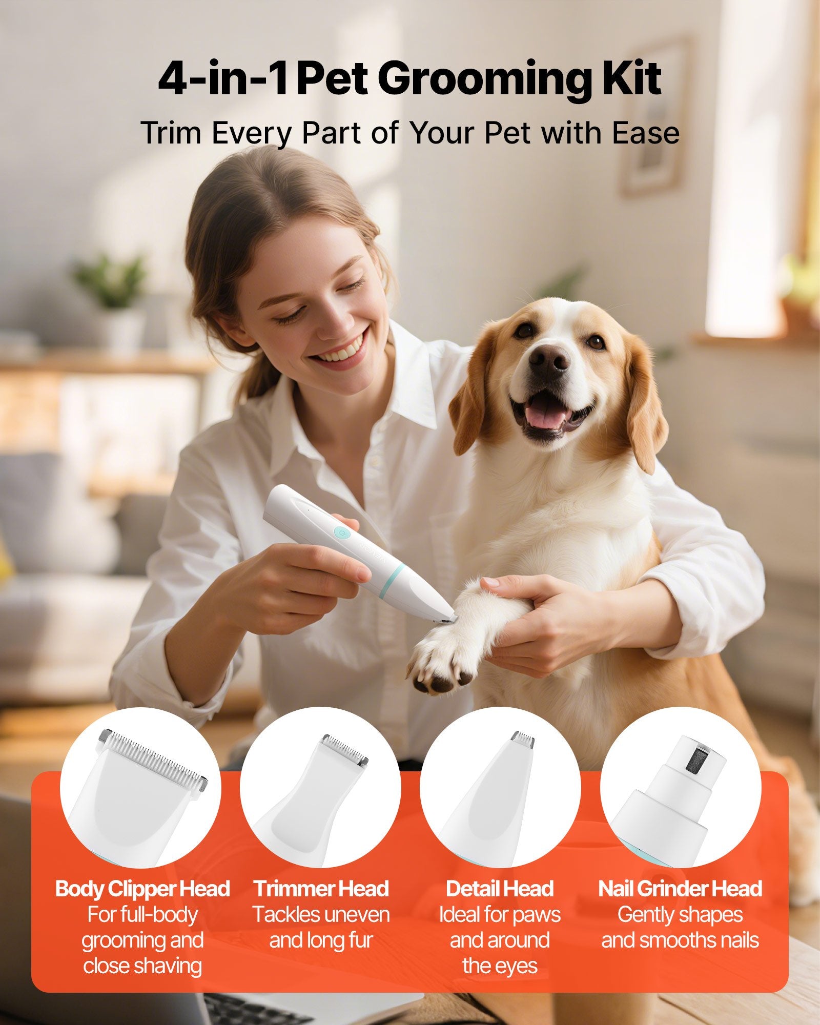 4-in-1 Pet Grooming Kit (Low Noise, Rechargeable)
